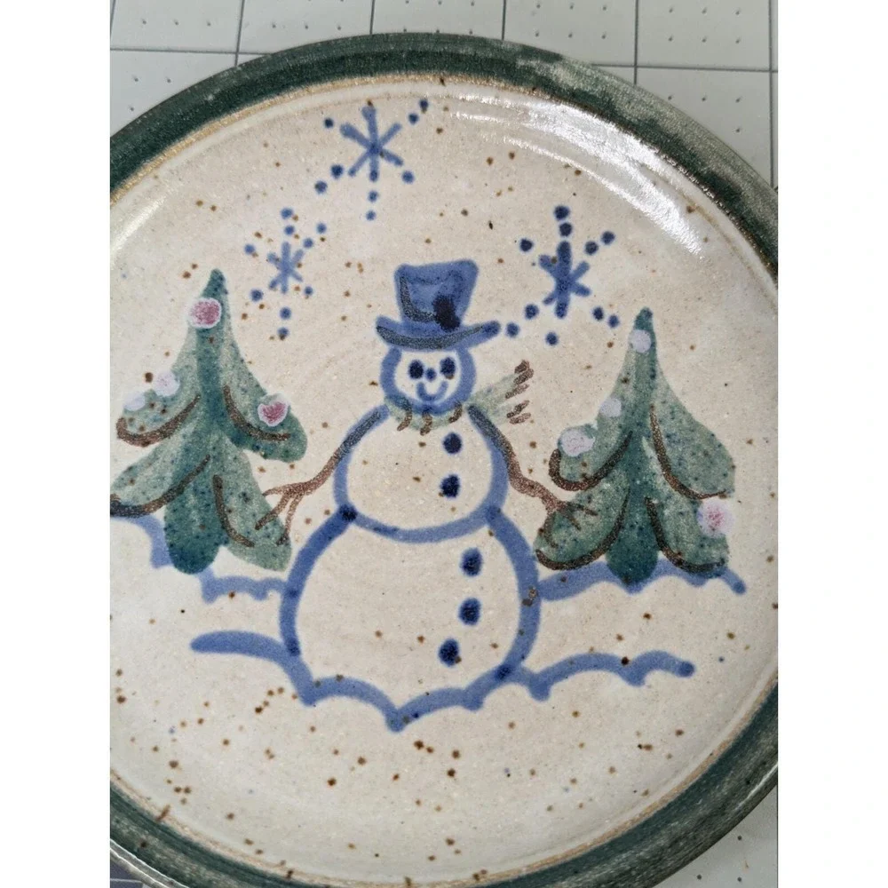 Nancy Gertig Signed‎ Pottery Plate Snowmen Trees 6 Inch